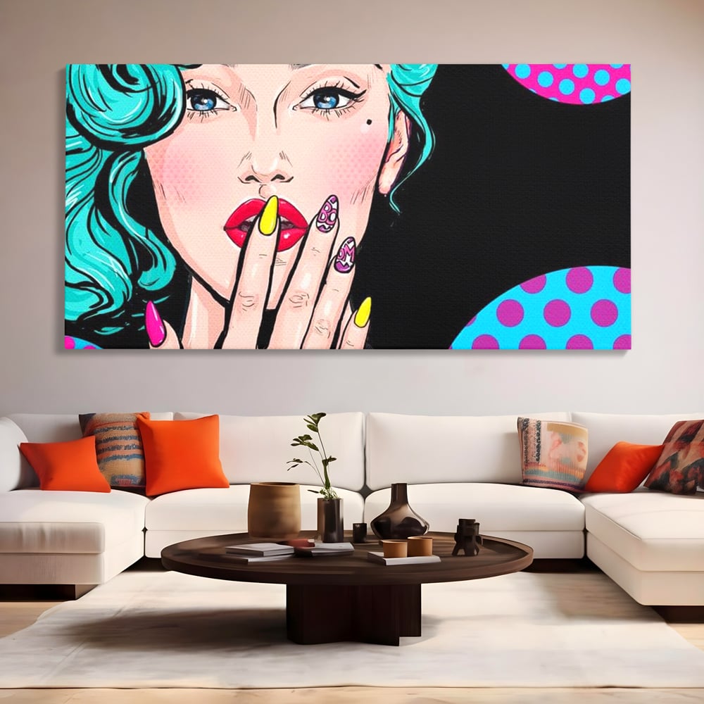 Tablou canvas cu tablou canvas cu femeie pop art, fara rama, pe sasiu de lemn, pe perete intr-un living